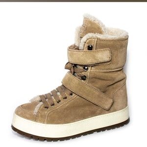 Prada Suede Shearling Winter Zip Laced Boots, size 38.